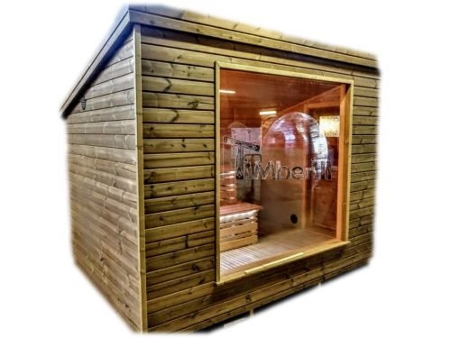 Sauna ogrodowa zewnętrzna nowoczesna ze szklanym frontem